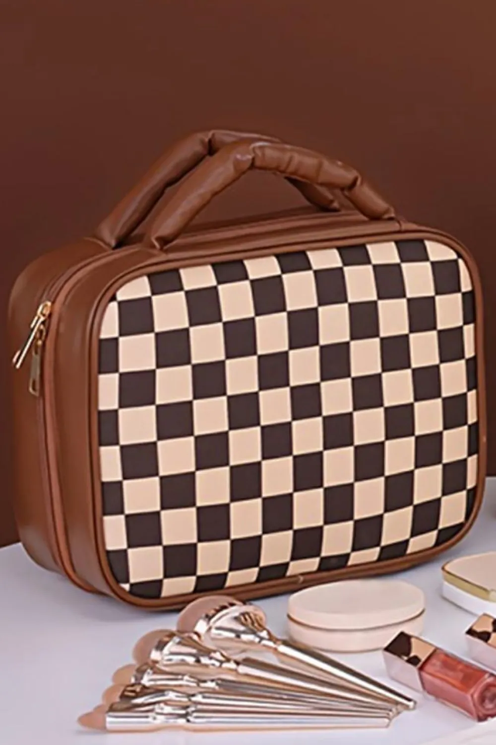 Clearance Dear-Lover Checkered Multiple Compartments PU Leather Cosmetic Bag Black