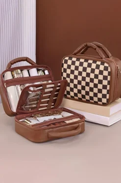 Clearance Dear-Lover Checkered Multiple Compartments PU Leather Cosmetic Bag Black