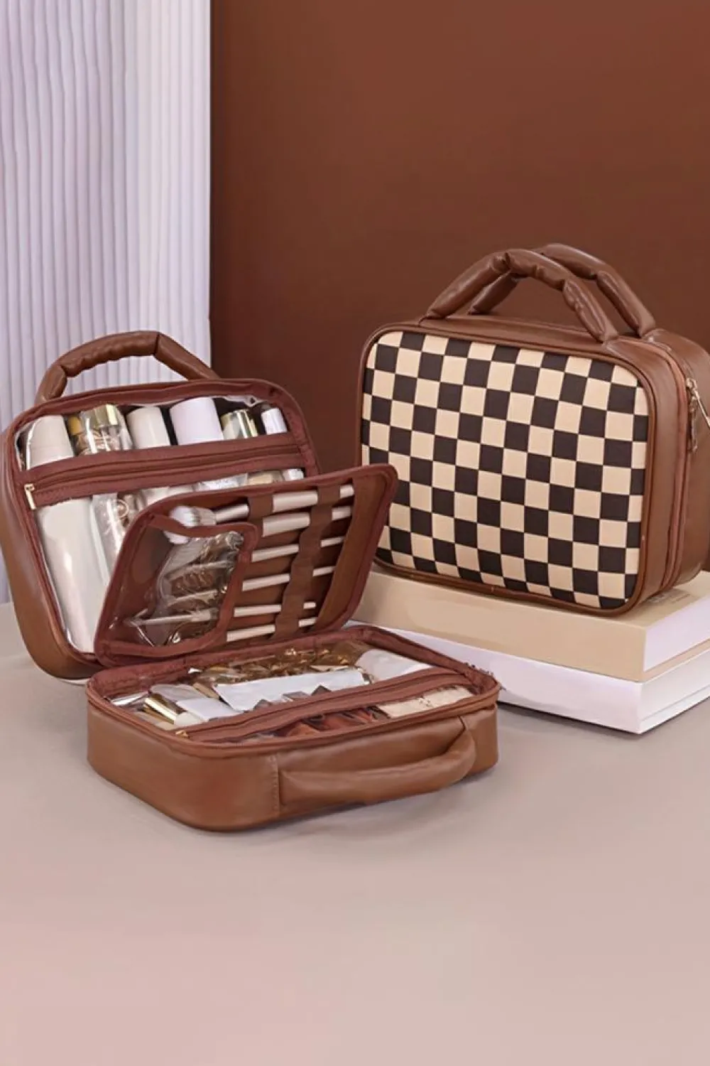 Clearance Dear-Lover Checkered Multiple Compartments PU Leather Cosmetic Bag Black