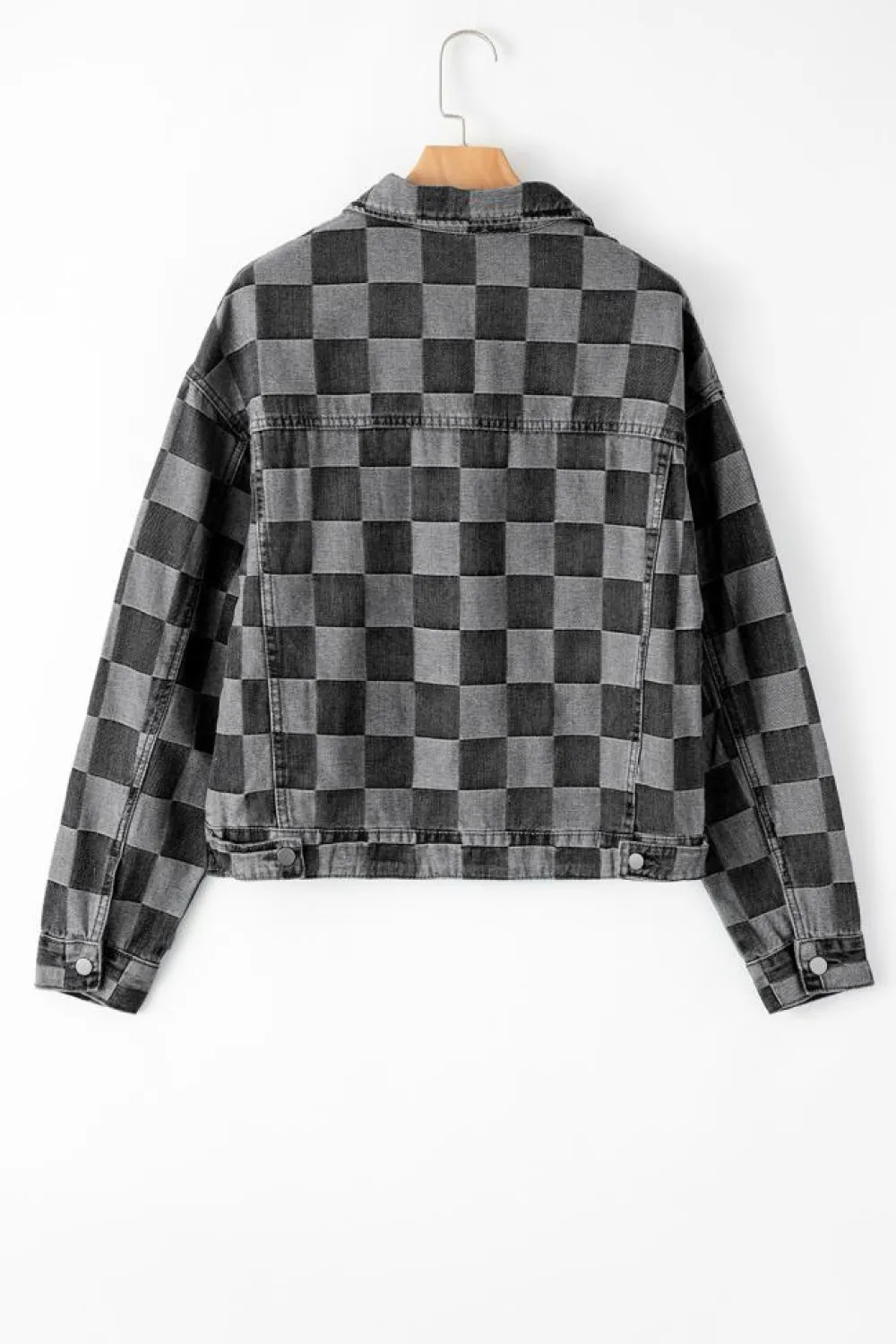Discount Dear-Lover Checkered Patchwork Button up Denim Jacket Black