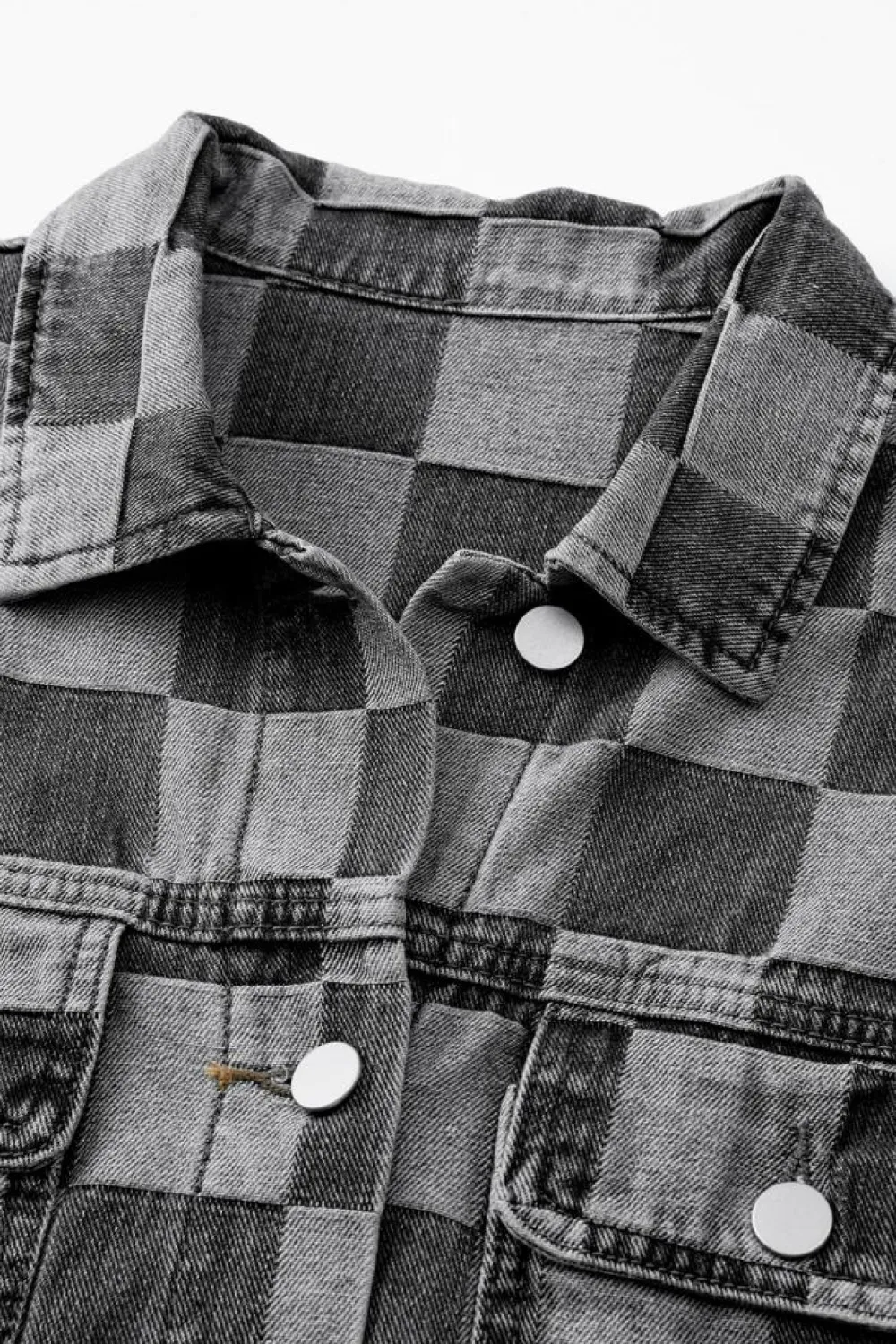 Discount Dear-Lover Checkered Patchwork Button up Denim Jacket Black