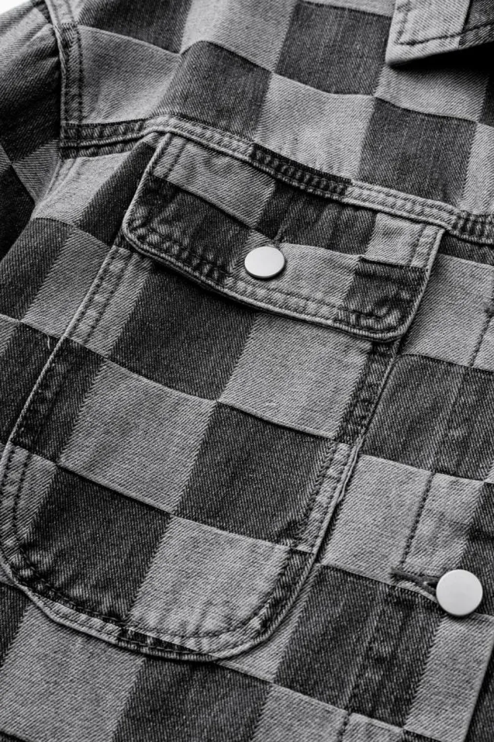 Discount Dear-Lover Checkered Patchwork Button up Denim Jacket Black