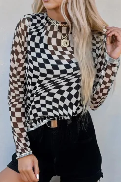 Fashion Dear-Lover Checkered Pattern Mesh Mock Neck Long Sleeve Top Black