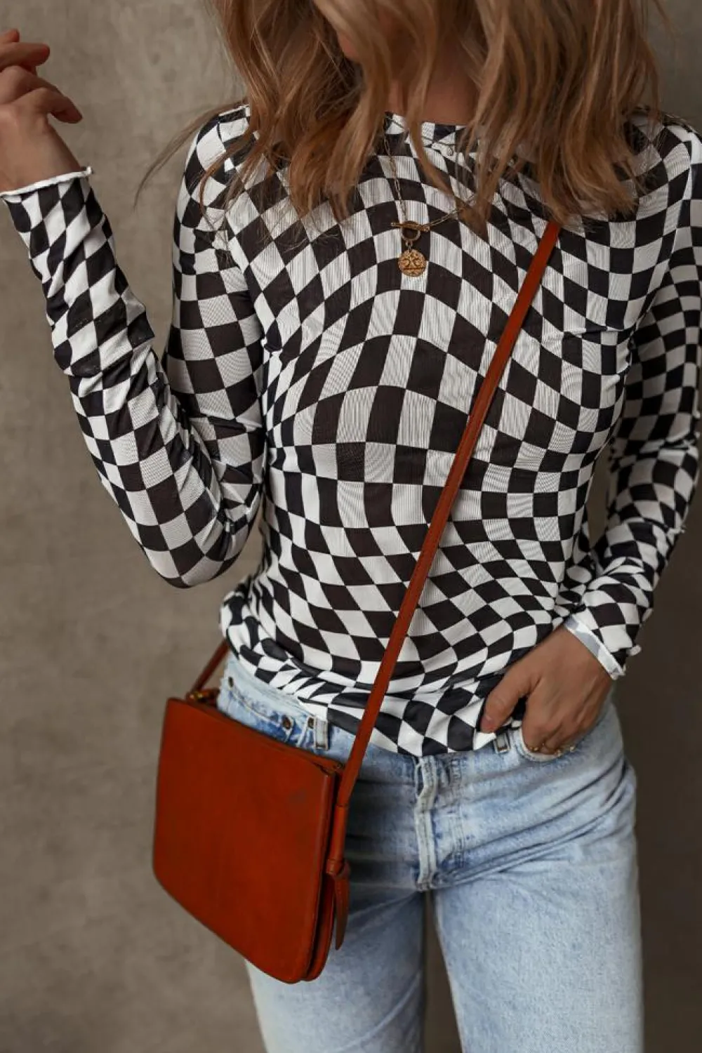 Fashion Dear-Lover Checkered Pattern Mesh Mock Neck Long Sleeve Top Black