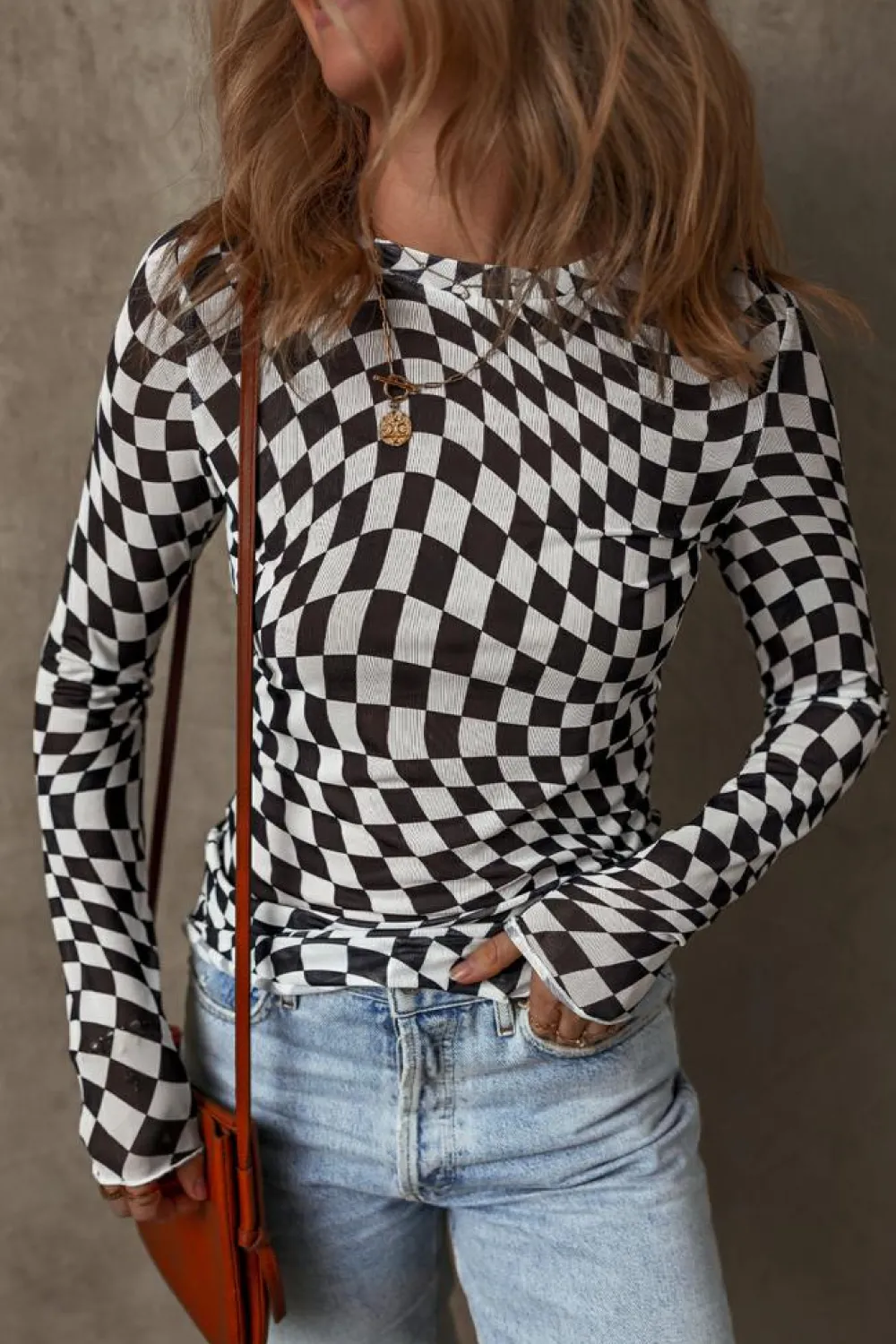 Fashion Dear-Lover Checkered Pattern Mesh Mock Neck Long Sleeve Top Black
