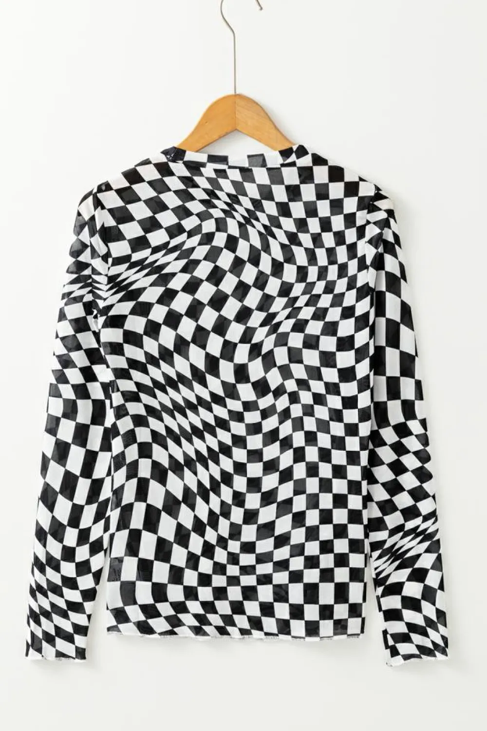 Fashion Dear-Lover Checkered Pattern Mesh Mock Neck Long Sleeve Top Black