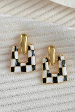 New Dear-Lover Checkered Pattern Square Shape Stud Dangle Earrings Black