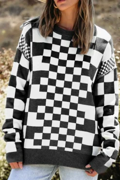 Online Dear-Lover Checkered Print Drop Shoulder Round Neck Sweater Black