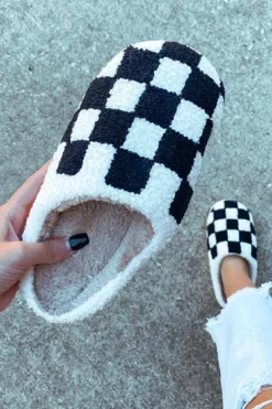 Online Dear-Lover Checkered Print Fuzzy Slip On Winter Slippers Black