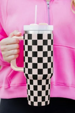 Outlet Dear-Lover Checkered Print Handle Large Vacuum Cup 40OZ Black