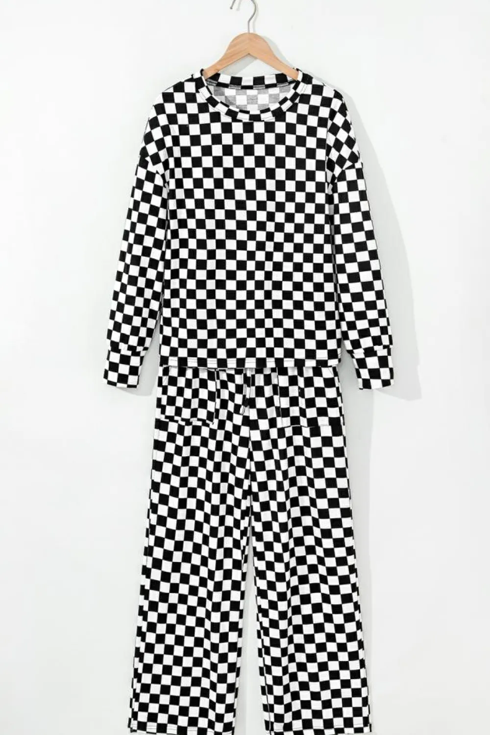 Hot Dear-Lover Checkered Print Long Sleeve Top and Pants Lounge Set Black