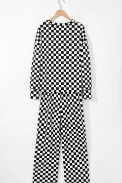 Hot Dear-Lover Checkered Print Long Sleeve Top and Pants Lounge Set Black