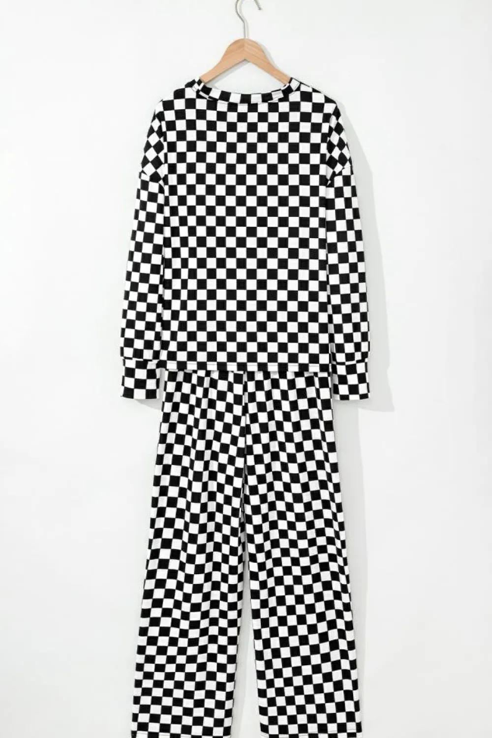 Hot Dear-Lover Checkered Print Long Sleeve Top and Pants Lounge Set Black