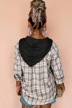Sale Dear-Lover Checkered Print Loose Fit Buttoned Hooded Shacket Black