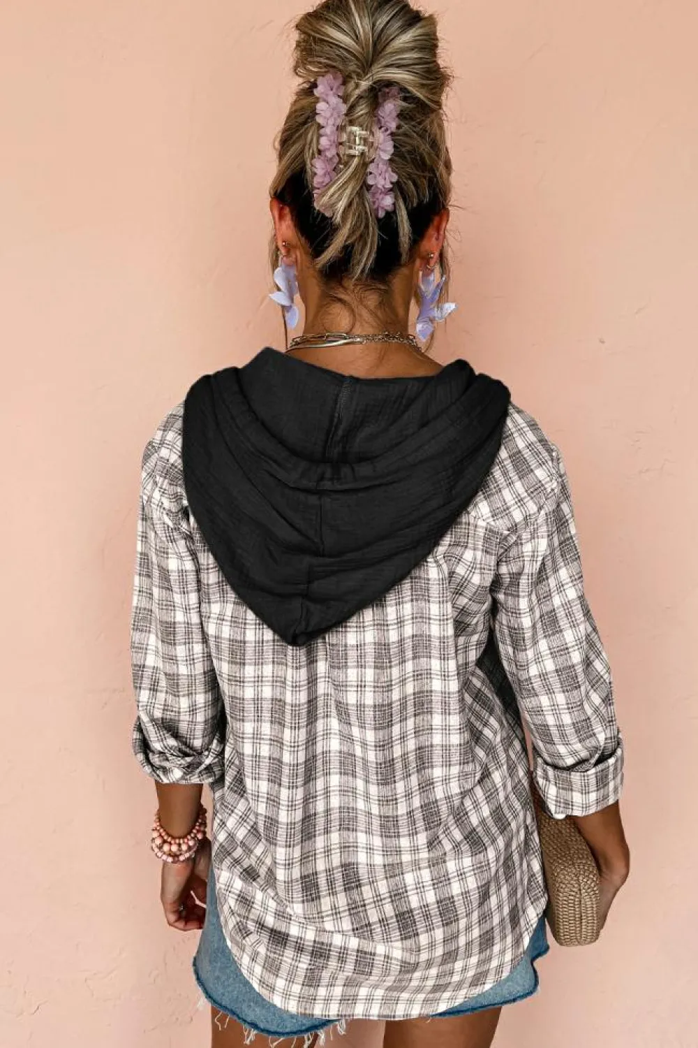 Sale Dear-Lover Checkered Print Loose Fit Buttoned Hooded Shacket Black
