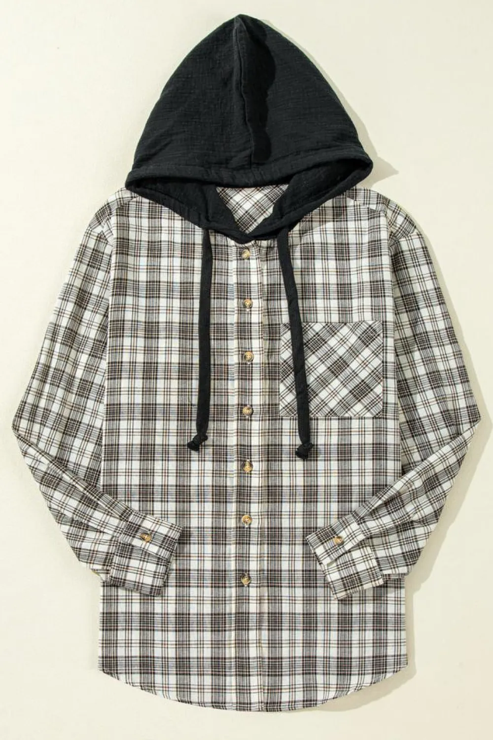 Sale Dear-Lover Checkered Print Loose Fit Buttoned Hooded Shacket Black