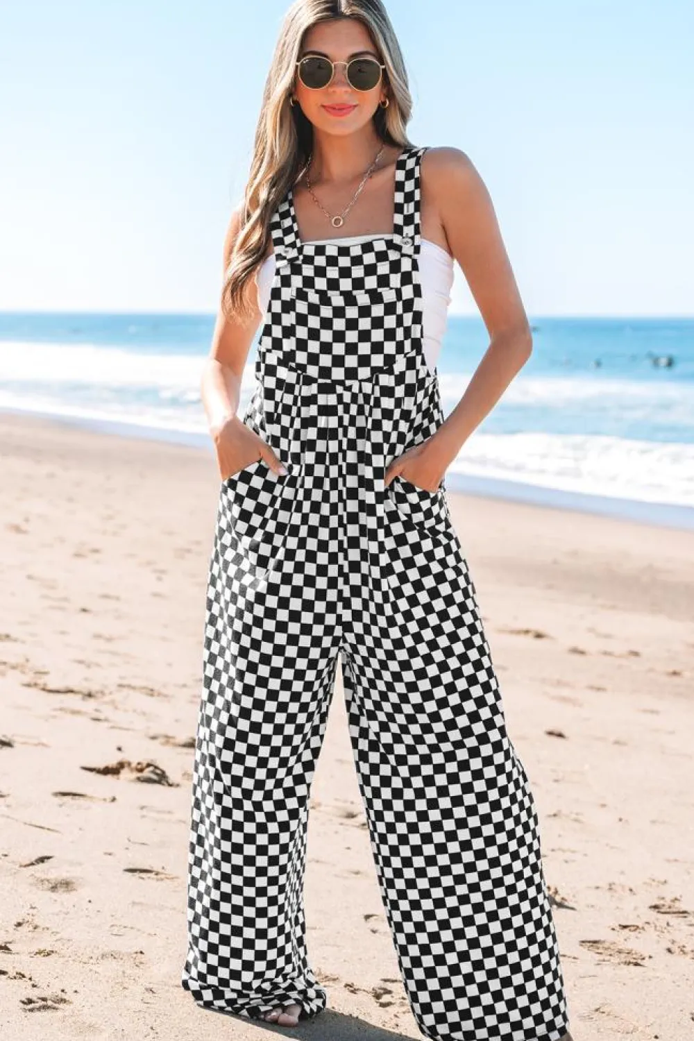 Sale Dear-Lover Checkered Print Pocketed Wide Leg Jumpsuit Black