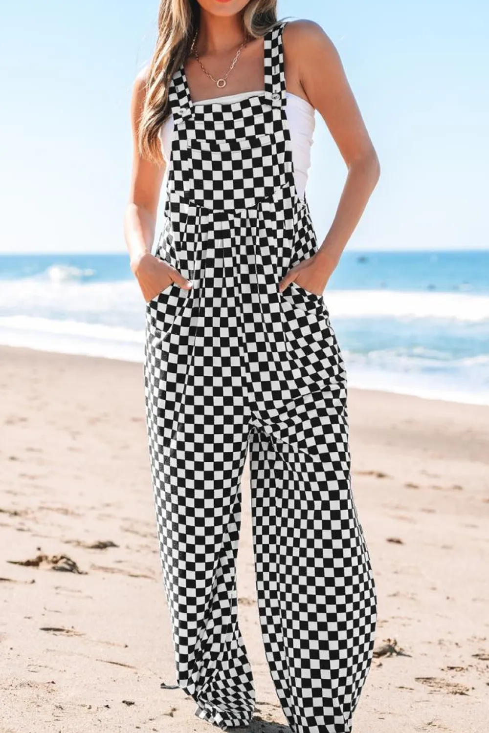 Sale Dear-Lover Checkered Print Pocketed Wide Leg Jumpsuit Black