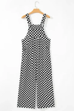 Sale Dear-Lover Checkered Print Pocketed Wide Leg Jumpsuit Black
