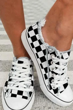New Dear-Lover Checkered Print Raw Edge Lace-up Canvas Shoes Black