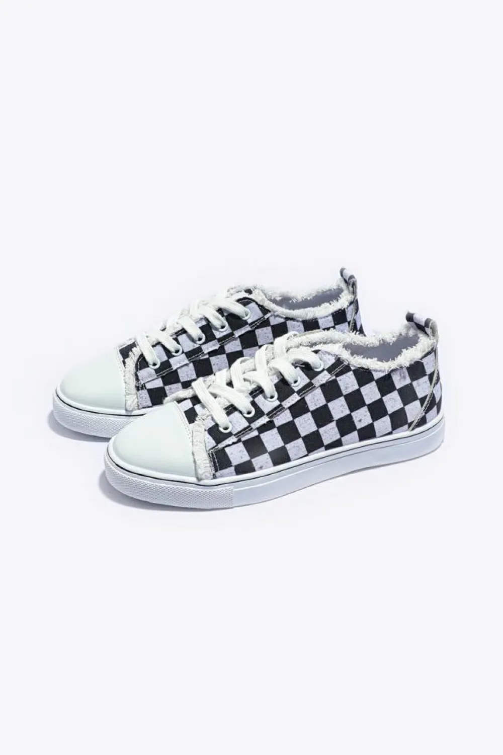 New Dear-Lover Checkered Print Raw Edge Lace-up Canvas Shoes Black