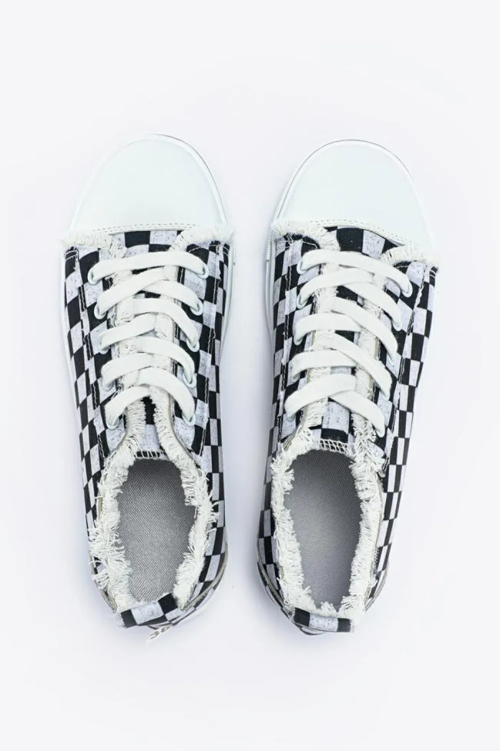 New Dear-Lover Checkered Print Raw Edge Lace-up Canvas Shoes Black