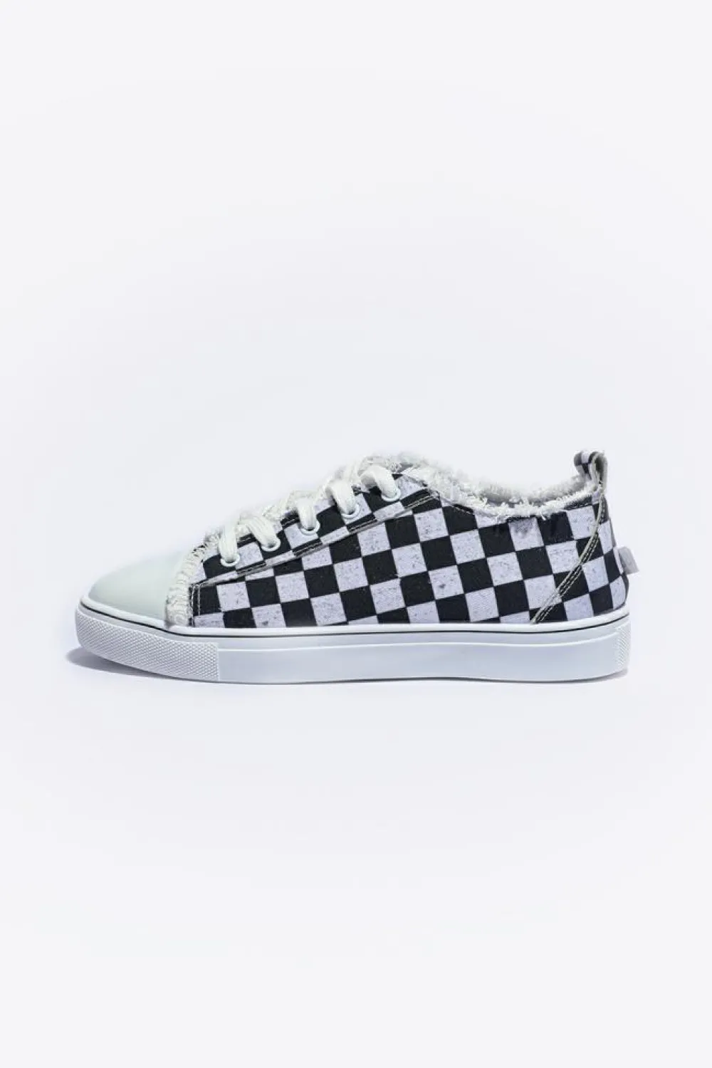 New Dear-Lover Checkered Print Raw Edge Lace-up Canvas Shoes Black