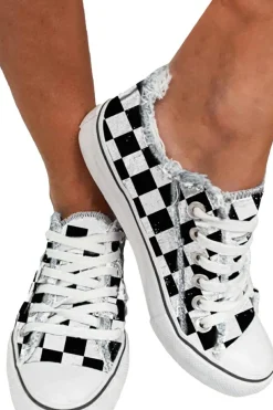 New Dear-Lover Checkered Print Raw Edge Lace-up Canvas Shoes Black