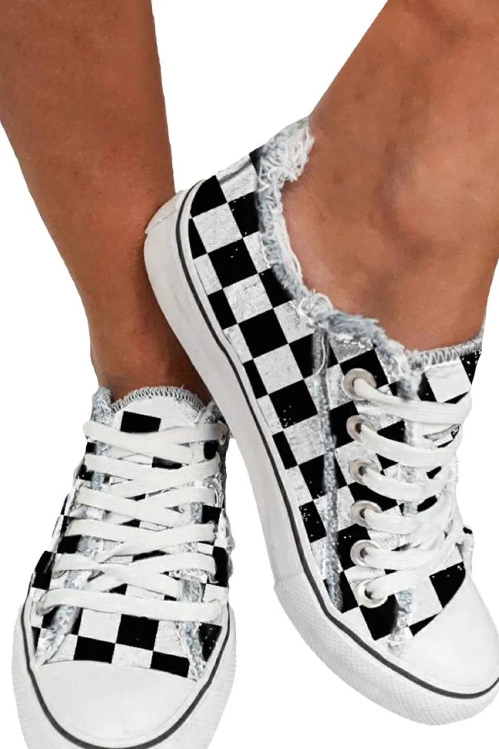 New Dear-Lover Checkered Print Raw Edge Lace-up Canvas Shoes Black