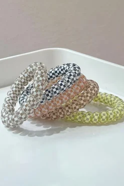 Online Dear-Lover Checkered Print Telephone Cord Spiral Hair Tie Black