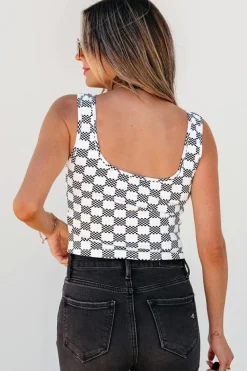 Discount Dear-Lover Checkered Print U Neck Cropped Tank Top Black
