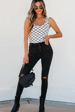 Discount Dear-Lover Checkered Print U Neck Cropped Tank Top Black