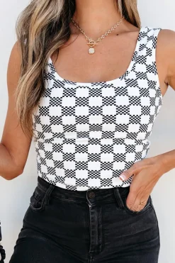 Discount Dear-Lover Checkered Print U Neck Cropped Tank Top Black