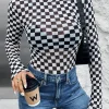 Sale Dear-Lover Checkered Printed Long Sleeve High Neck Bodysuit Black
