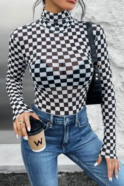 Sale Dear-Lover Checkered Printed Long Sleeve High Neck Bodysuit Black