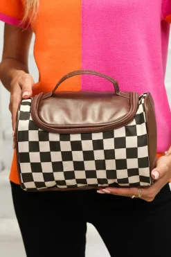 Online Dear-Lover Checkered PU Leather Zipper Makeup Bag Black