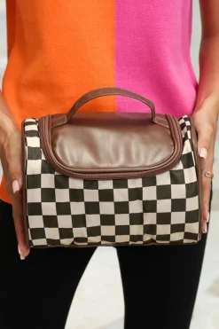 Online Dear-Lover Checkered PU Leather Zipper Makeup Bag Black