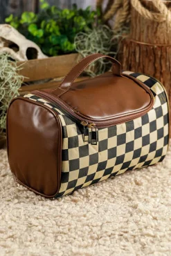 Online Dear-Lover Checkered PU Leather Zipper Makeup Bag Black