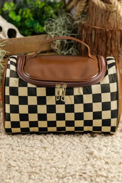 Online Dear-Lover Checkered PU Leather Zipper Makeup Bag Black