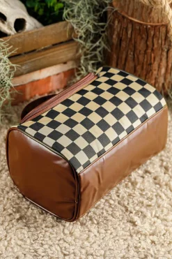 Online Dear-Lover Checkered PU Leather Zipper Makeup Bag Black