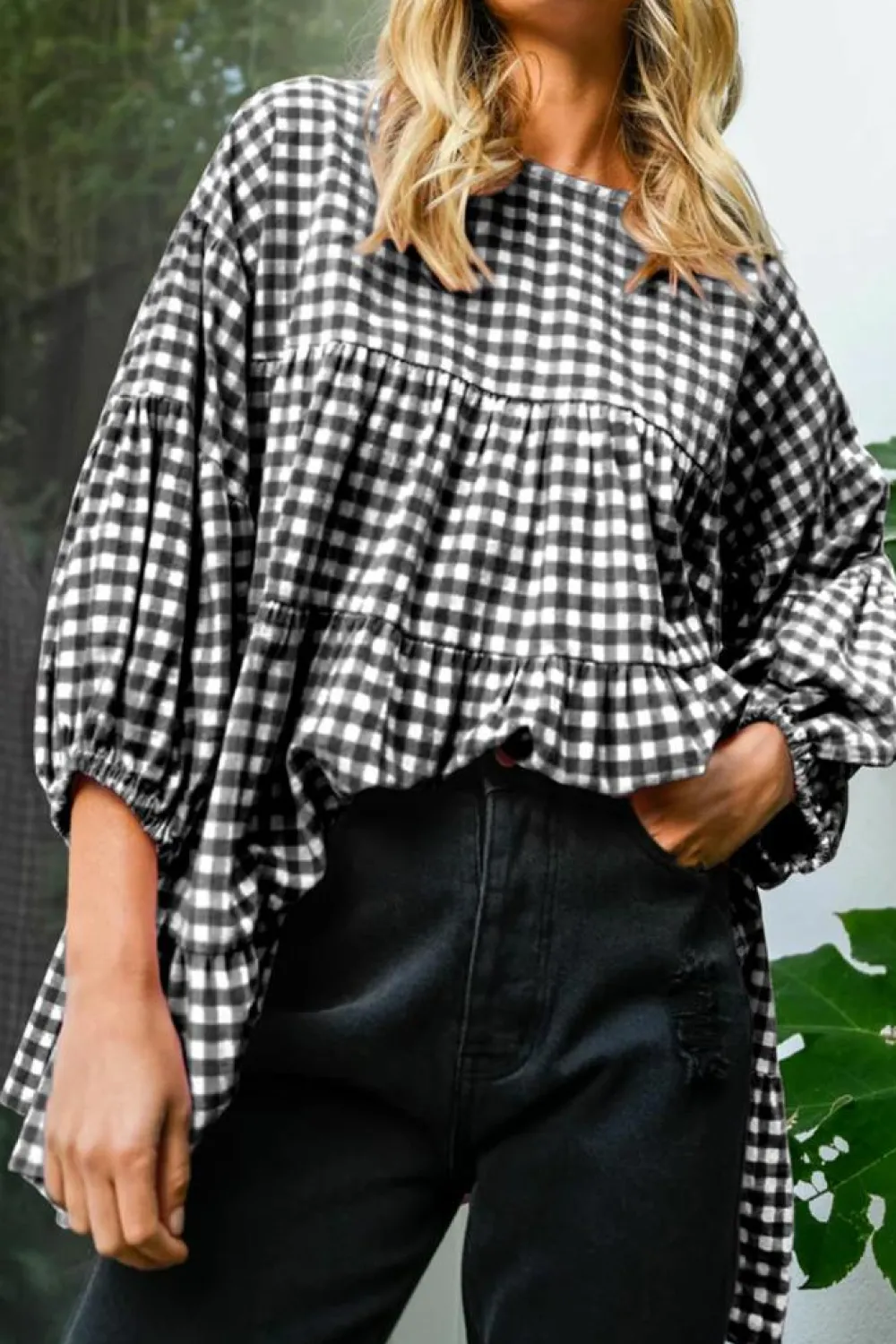 Fashion Dear-Lover Checkered Puff Sleeve Tiered Loose Babydoll Blouse Black
