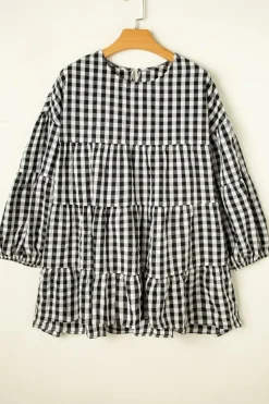 Fashion Dear-Lover Checkered Puff Sleeve Tiered Loose Babydoll Blouse Black