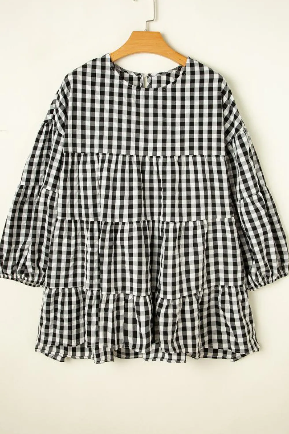 Fashion Dear-Lover Checkered Puff Sleeve Tiered Loose Babydoll Blouse Black