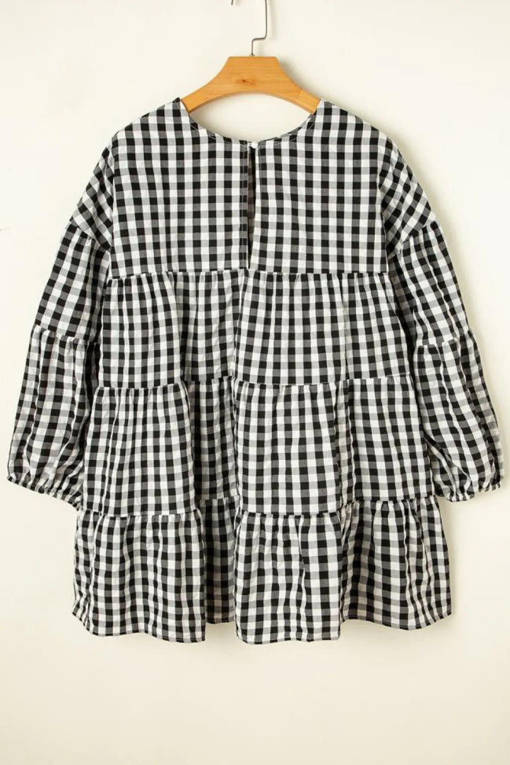 Fashion Dear-Lover Checkered Puff Sleeve Tiered Loose Babydoll Blouse Black