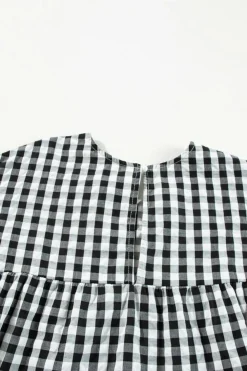 Fashion Dear-Lover Checkered Puff Sleeve Tiered Loose Babydoll Blouse Black