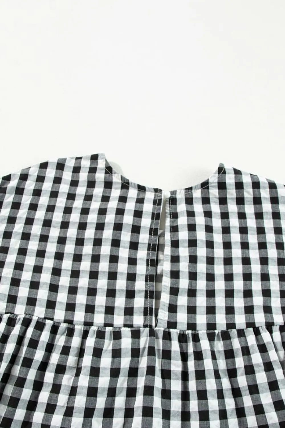 Fashion Dear-Lover Checkered Puff Sleeve Tiered Loose Babydoll Blouse Black