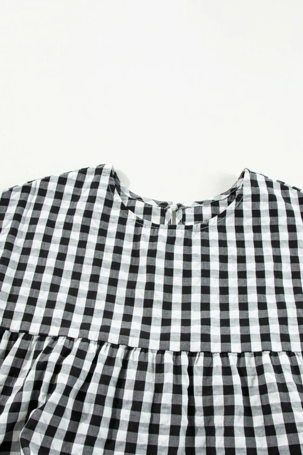 Fashion Dear-Lover Checkered Puff Sleeve Tiered Loose Babydoll Blouse Black