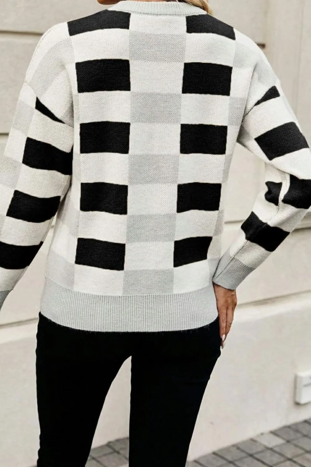 Clearance Dear-Lover Checkered Ribbed Edge O Neck Drop Shoulder Sweater Black