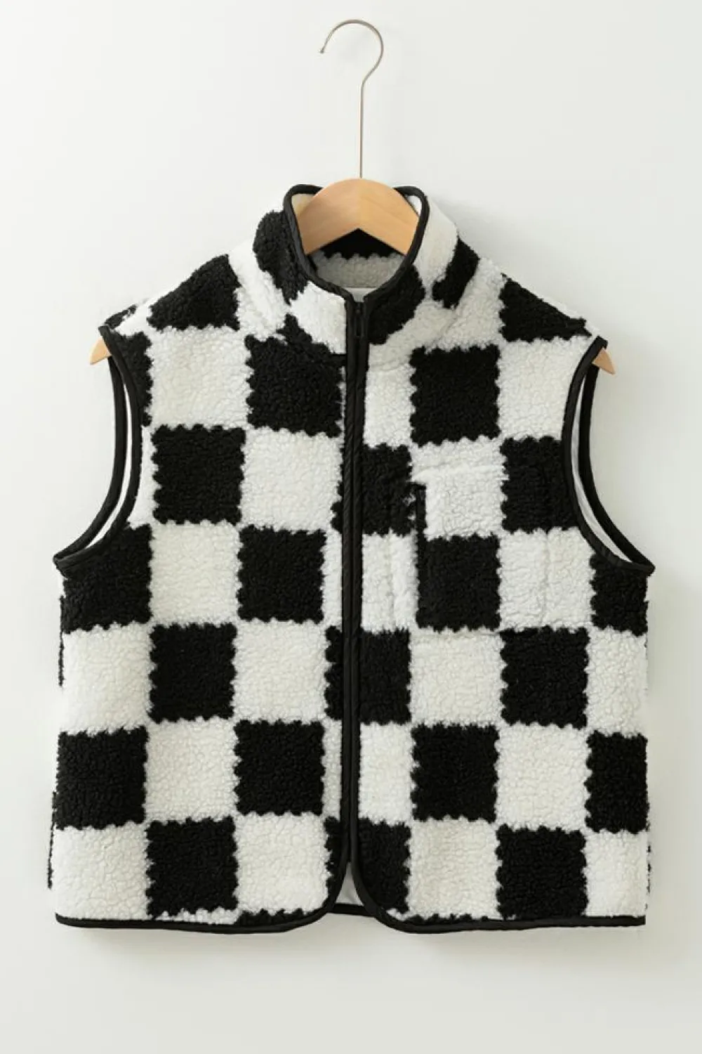 Sale Dear-Lover Checkered Sherpa Collared Jacket Vest Black