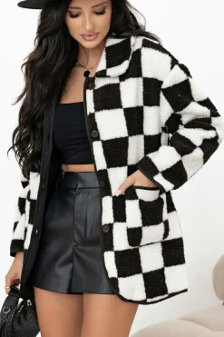 Online Dear-Lover Checkered Side Pockets Collared Buttoned Fleece Jacket Black